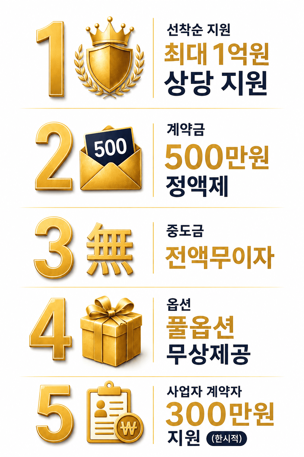 BENEFIT POINT - 선착순 최대 1억원 상당 지원, 계약금 500만원 정액제, 중도금 전액무이자, 옵션 풀옵션 무상제공, 사업자 계약자 300만원 지원(한시적)